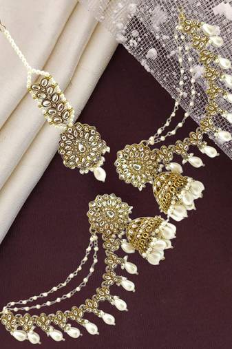 Antique gold plated kundan bahubali jhumka earrings set