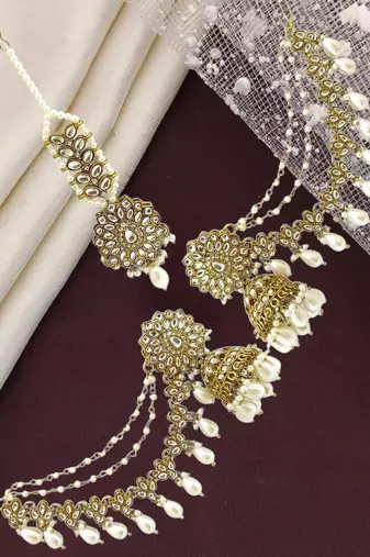 Antique gold plated kundan bahubali jhumka earrings set
