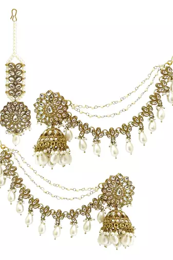 Antique gold plated kundan bahubali jhumka earrings set