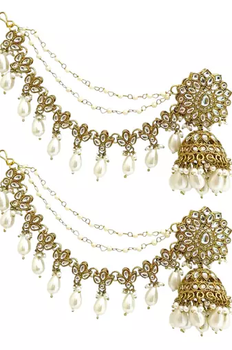 Antique gold plated kundan bahubali jhumka earrings set