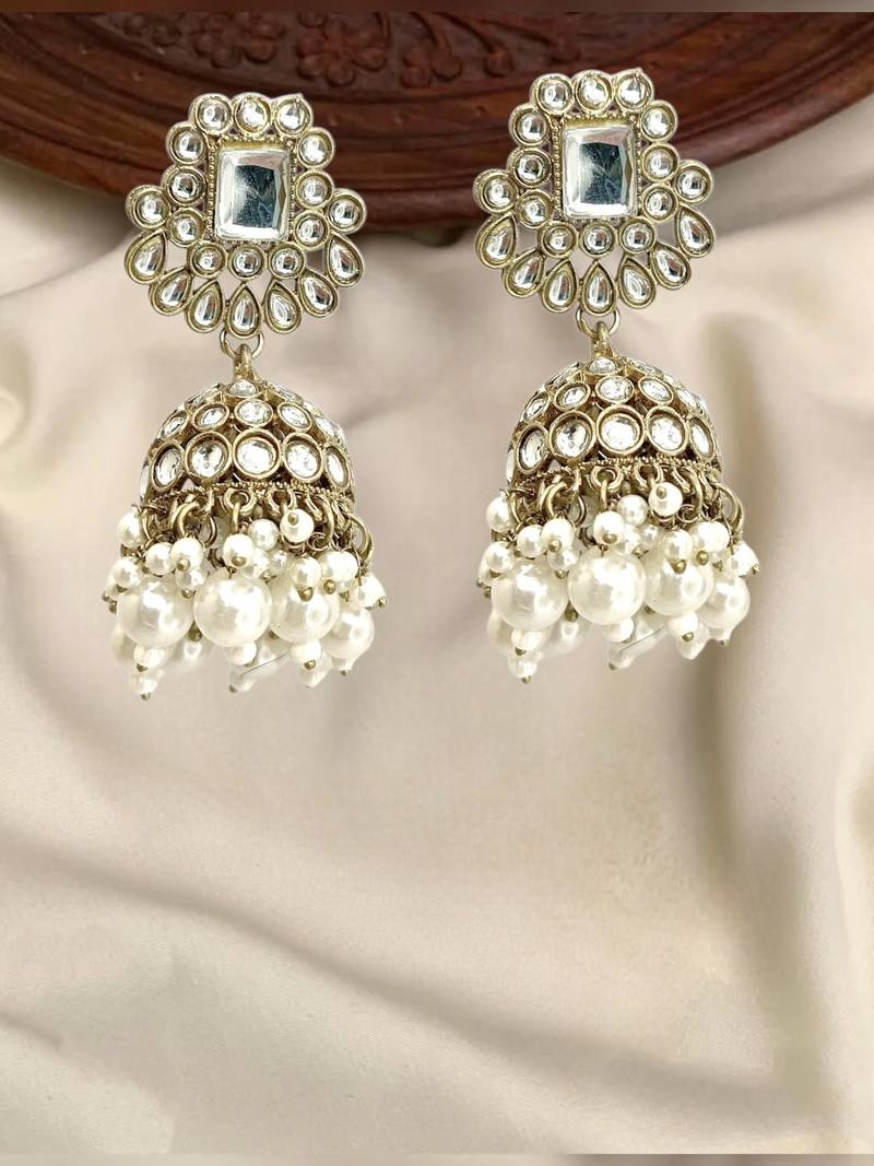 Antique gold plated kundan dome jhumka earrings