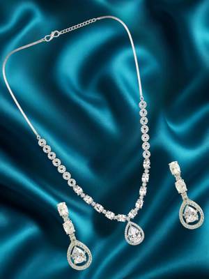 Silver plated american diamond teardrop necklace set 1