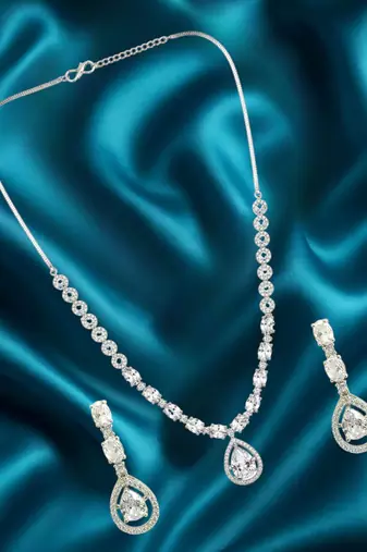 Silver plated american diamond teardrop necklace set