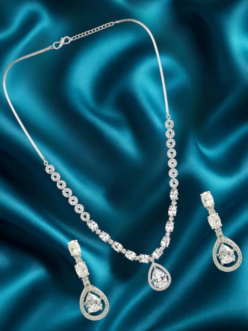 Silver plated american diamond teardrop necklace set