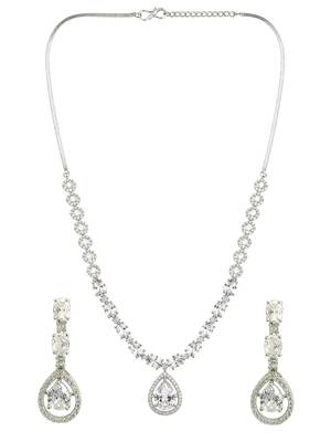 Silver plated american diamond teardrop necklace set 2