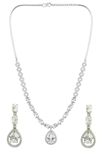 Silver plated american diamond teardrop necklace set
