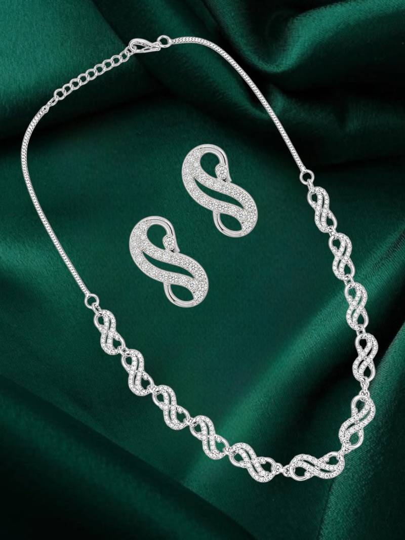 Silver plated american diamond infinity link necklace set