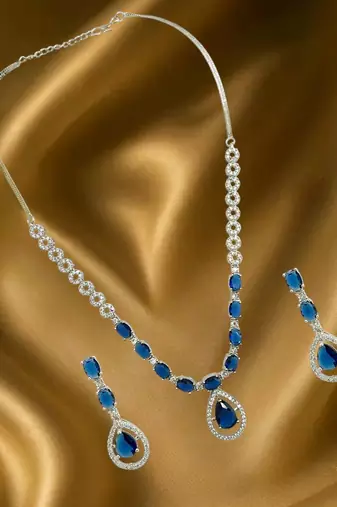 Silver plated elegance american diamond blue necklace set