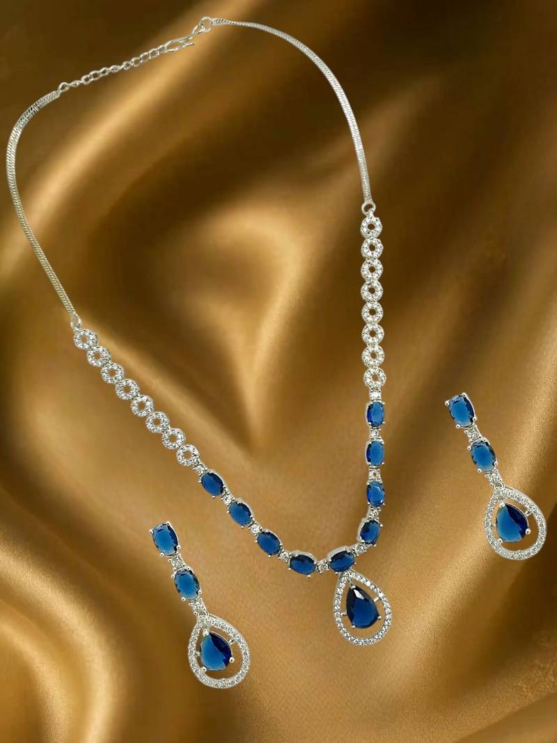 Silver plated elegance american diamond blue necklace set