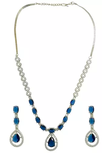 Silver plated elegance american diamond blue necklace set