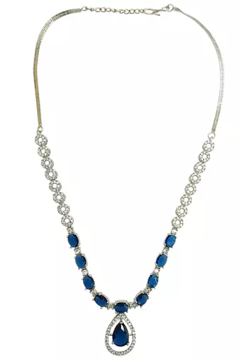 Silver plated elegance american diamond blue necklace set