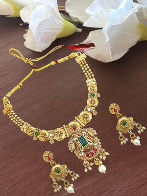 Gold plated rajwadi matte finish necklace set 1