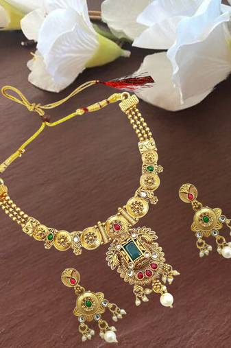 Gold plated rajwadi matte finish necklace set