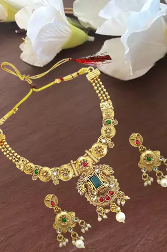 Gold plated rajwadi matte finish necklace set