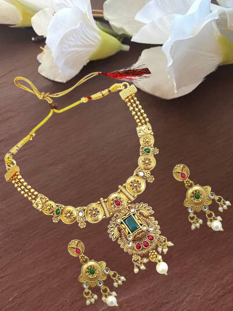 Gold plated rajwadi matte finish necklace set