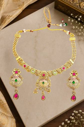 Gold plated kundan meenkari rajwadi necklace set