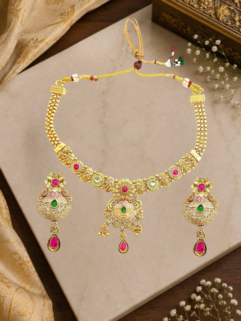 Gold plated kundan meenkari rajwadi necklace set