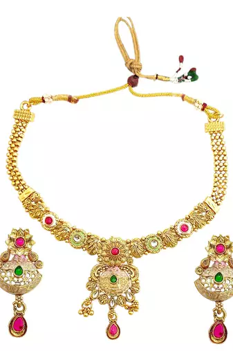 Gold plated kundan meenkari rajwadi necklace set