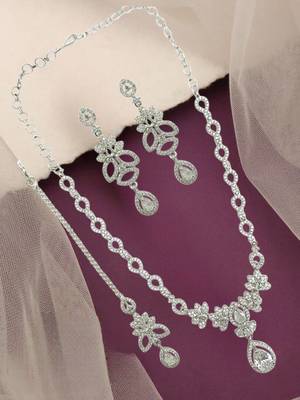 Silver plated american diamond leafy necklace set 1