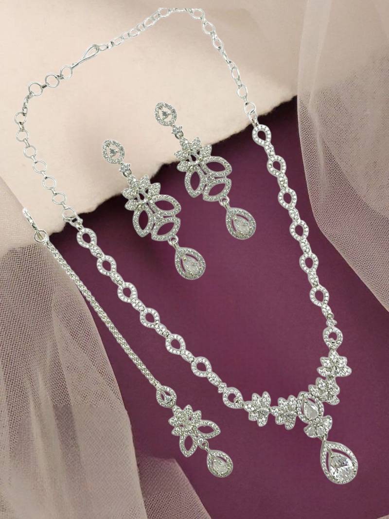 Silver plated american diamond leafy necklace set
