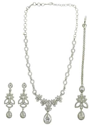Silver plated american diamond leafy necklace set 2