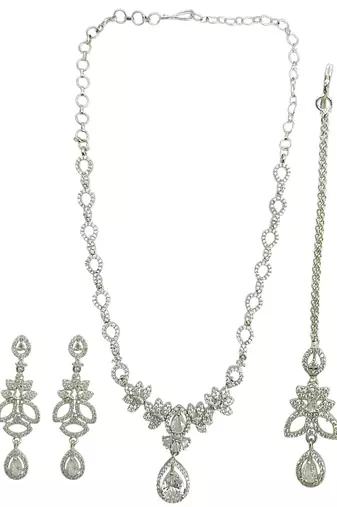 Silver plated american diamond leafy necklace set