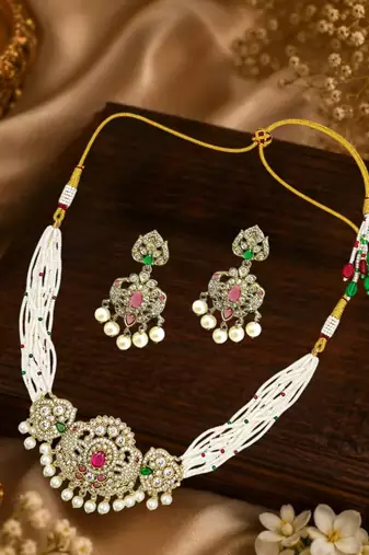 Mehandi gold plated cz multi stand necklace set