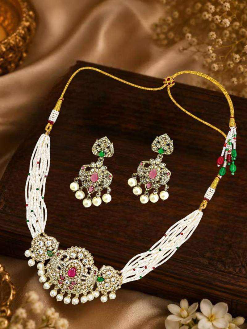 Mehandi gold plated cz multi stand necklace set