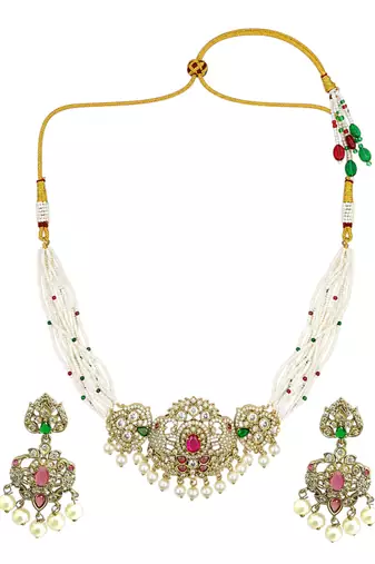 Mehandi gold plated cz multi stand necklace set