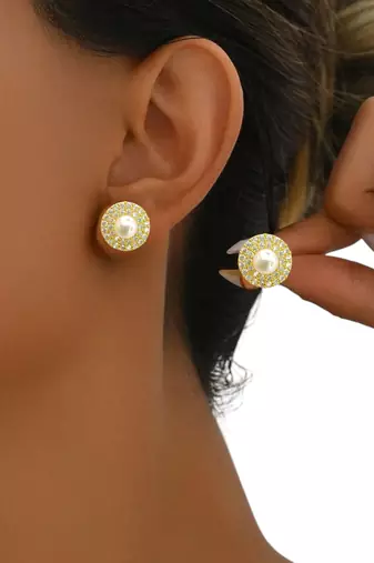 Gold plated cz halo design stud earrings