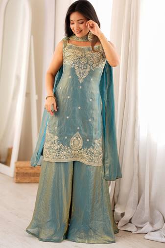 Designer mint green embroidered kurta palazzo set | party wear ethnic outfit