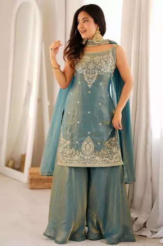 Designer mint green embroidered kurta palazzo set | party wear ethnic outfit