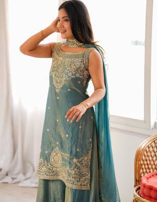 Designer mint green embroidered kurta palazzo set | party wear ethnic outfit 3