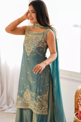 Designer mint green embroidered kurta palazzo set | party wear ethnic outfit