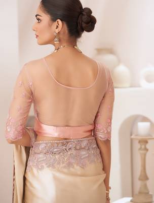 Light golden embroidery fancy fabric party wear saree with blouse piece 2