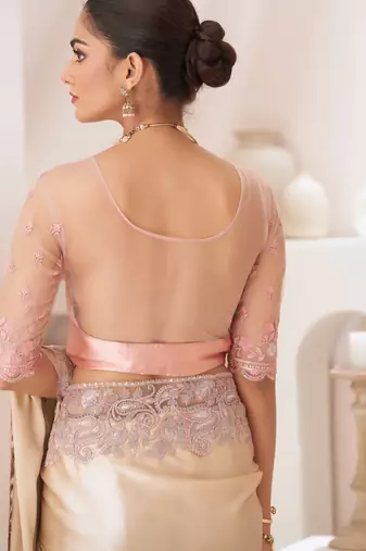 Light golden embroidery fancy fabric party wear saree with blouse piece