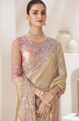 Light golden embroidery fancy fabric party wear saree with blouse piece 3