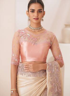 Light golden embroidery fancy fabric party wear saree with blouse piece 4