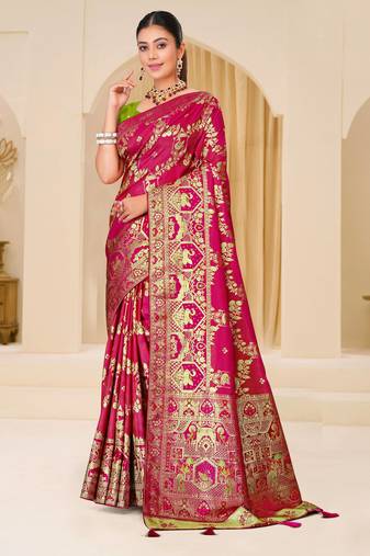 Rani pink gold zari weaving zari tissue silk saree with blouse