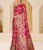 Rani pink gold zari weaving zari tissue silk saree with blouse