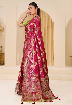 Rani pink gold zari weaving zari tissue silk saree with blouse 2