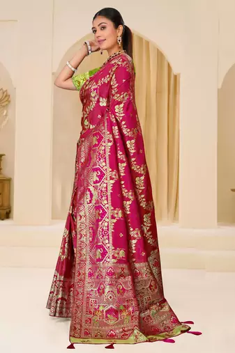 Rani pink gold zari weaving zari tissue silk saree with blouse