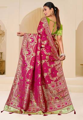 Rani pink gold zari weaving zari tissue silk saree with blouse 3