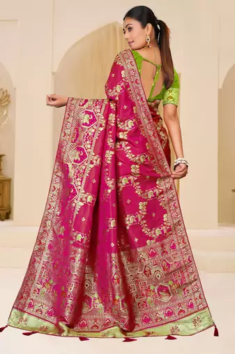 Rani pink gold zari weaving zari tissue silk saree with blouse