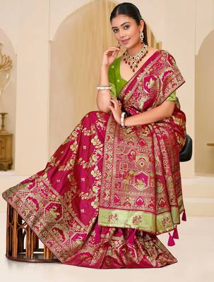 Rani pink gold zari weaving zari tissue silk saree with blouse 4