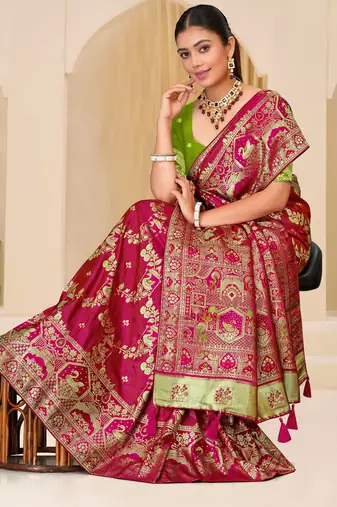 Rani pink gold zari weaving zari tissue silk saree with blouse