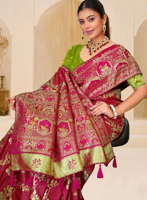 Rani pink gold zari weaving zari tissue silk saree with blouse 5