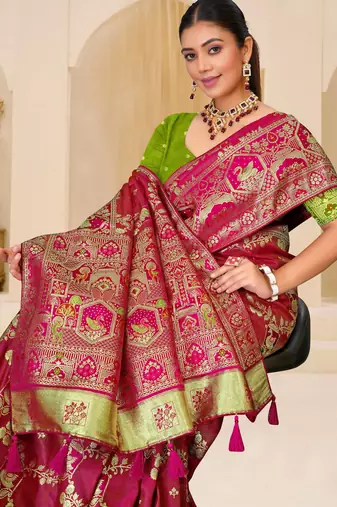 Rani pink gold zari weaving zari tissue silk saree with blouse