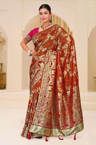 Rust brown gold zari weaving zari tissue silk saree with blouse