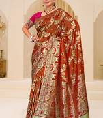 Rust brown gold zari weaving zari tissue silk saree with blouse